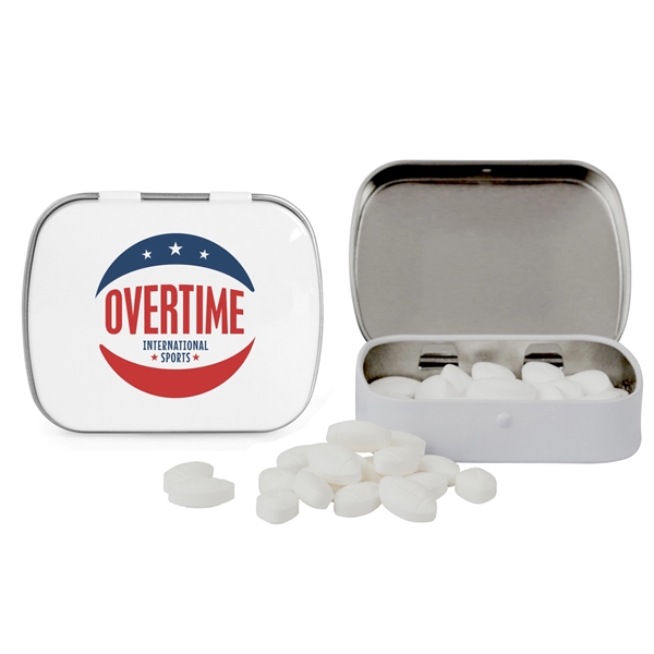 Customizable domed tin filled with football shaped, sugar-free mints; includes full... from ASI 44900 NC Custom (CI/Lanco) / Chocolate Inn Chocolate Inn/Taylor & Grant Lanco