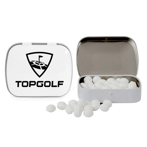 Customizable domed tin filled with golf ball shaped, sugar-free mints; includes... from ASI 44900 NC Custom (CI/Lanco) / Chocolate Inn Chocolate Inn/Taylor & Grant Lanco