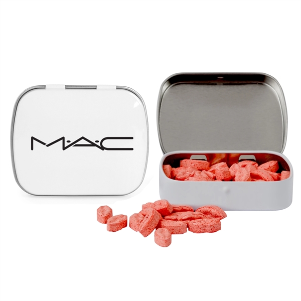 Customizable domed tin filled with lip shaped, sugar-free mints; includes full... from ASI 44900 NC Custom (CI/Lanco) / Chocolate Inn Chocolate Inn/Taylor & Grant Lanco