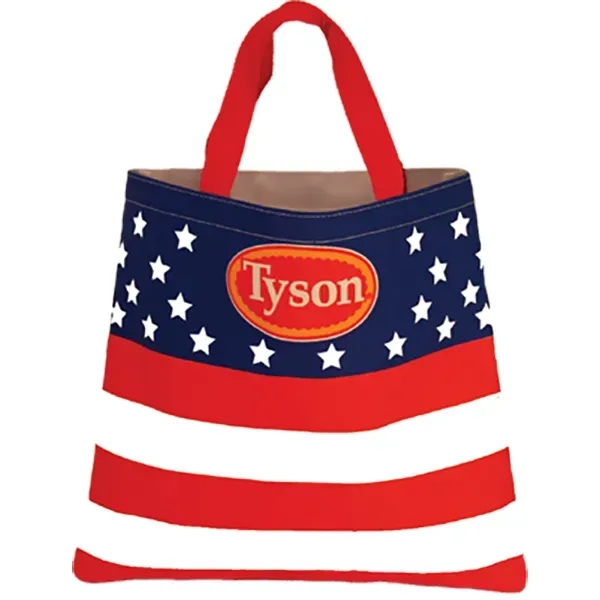 Flag tote with red and navy imprint included. 15 x 13.5.... from ASI 88782 Sport Systems Custom Bag Corp