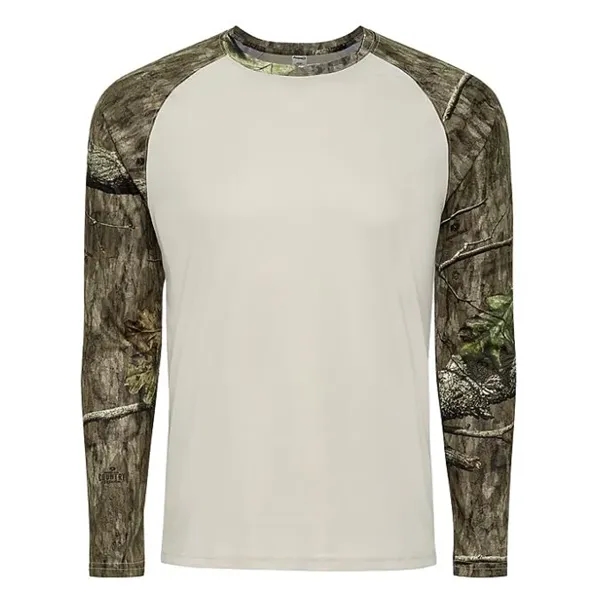 Long-sleeved performance tee with a solid body and camo sleeves.... from ASI 85988 Century Place Apparel