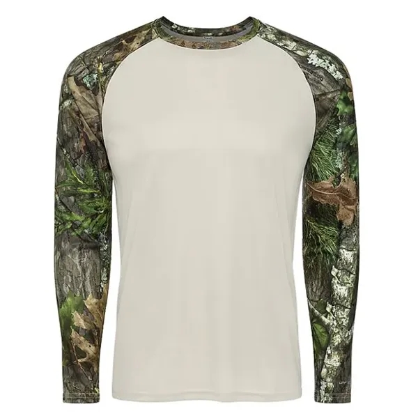 Long-sleeved performance tee with a solid body and camo sleeves.... from ASI 85988 Century Place Apparel