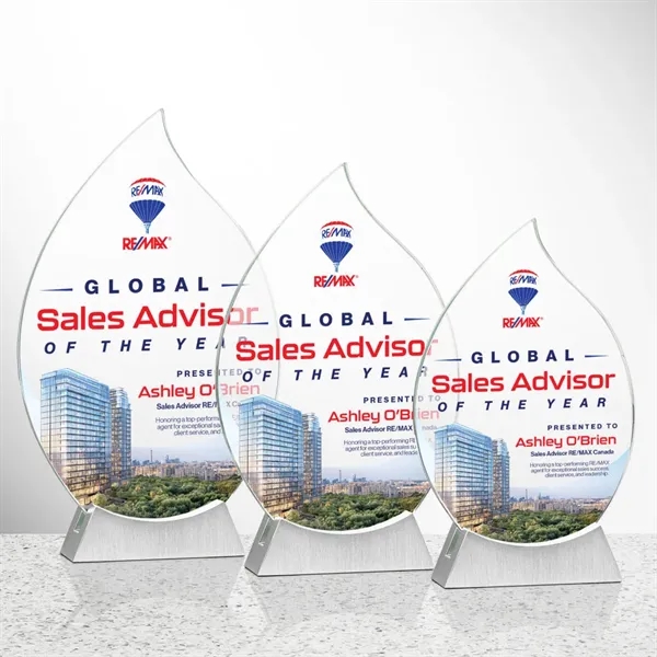 The stunning starfire crystal Carmack VividPrint™ Award features a graceful flame/teardrop... from ASI 84592 St Regis Group / St Regis