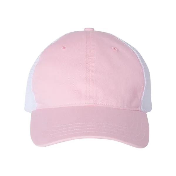Washed trucker cap with a cotton front, mesh back, snapback closure,... from ASI 84358 S&S Activewear