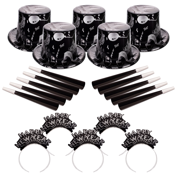 Ebony and silver colored New Year's Eve party kit for 50... from ASI 42016 Brighter Promotions Inc