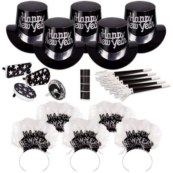 Silver and black New Year's Eve party kit for 50 people... from ASI 42016 Brighter Promotions Inc