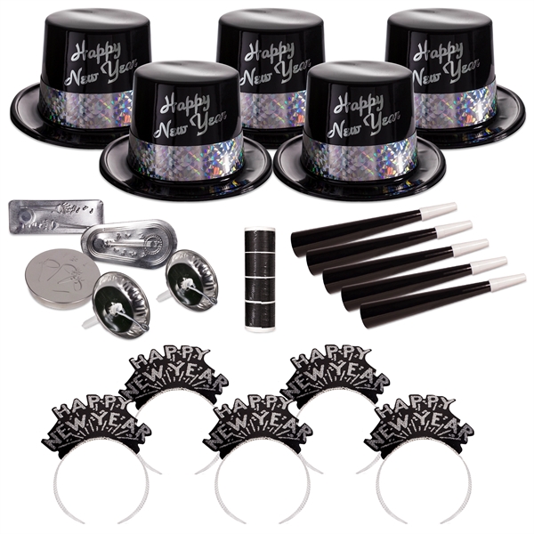 Silver and ebony colored New Year's Eve party kit for 50... from ASI 42016 Brighter Promotions Inc