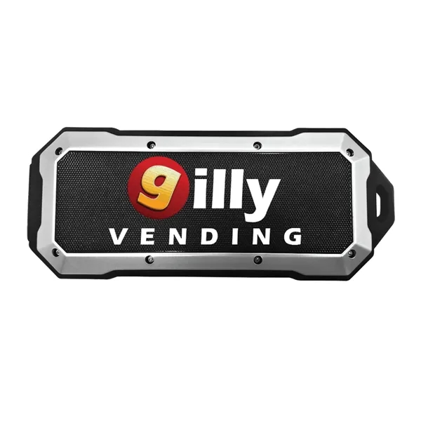 Waterproof Bluetooth Speaker with large flat metal grill for custom imprint.... from ASI 74741 NVS Promo Designs, Inc. / NVS Promo