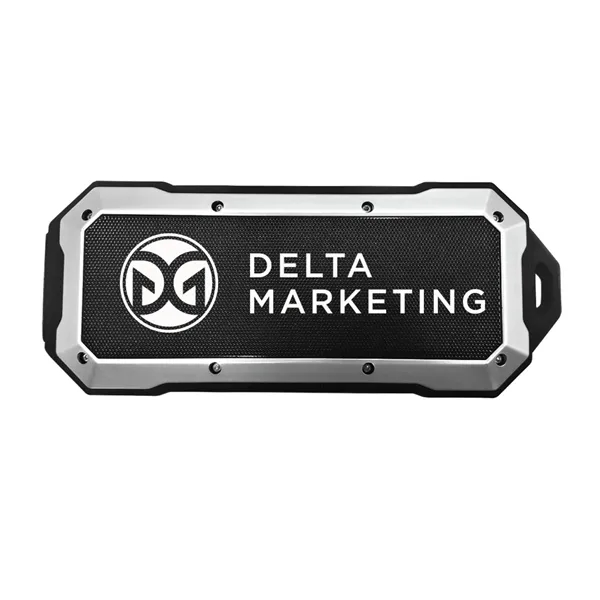 Waterproof Bluetooth Speaker with large flat metal grill for custom imprint.... from ASI 74741 NVS Promo Designs, Inc. / NVS Promo