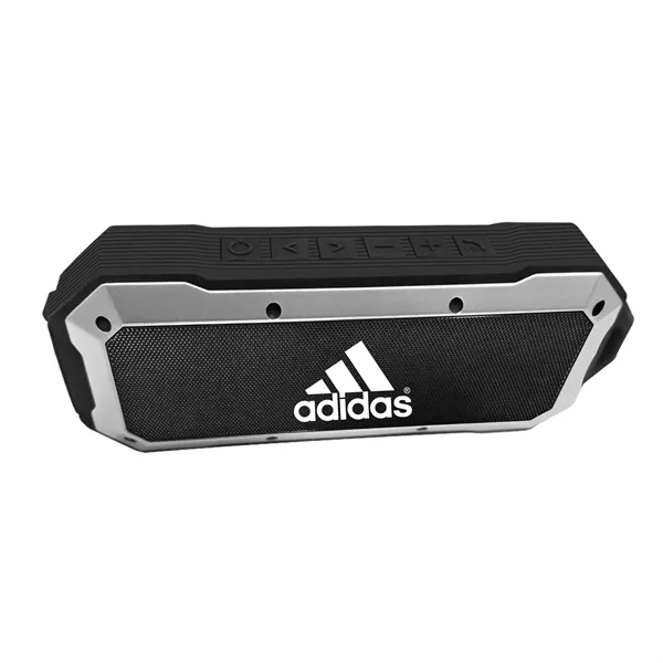 Waterproof Bluetooth Speaker with large flat metal grill for custom imprint.... from ASI 74741 NVS Promo Designs, Inc. / NVS Promo