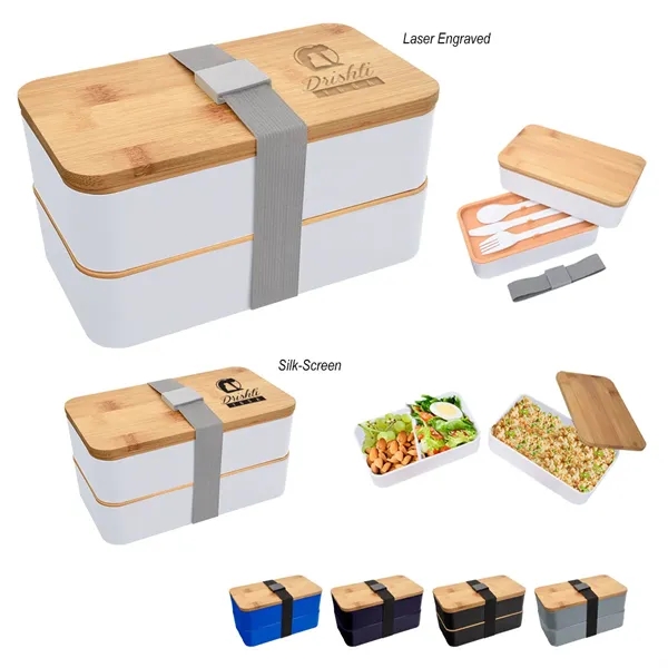 Double-tier stackable bento lunch set with a plastic fork, knife, and... from ASI 61125 Hit Promotional Products / Hit®