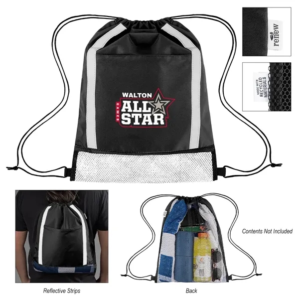 Drawstring backpack with reflective strip accents and large zippered pocket.... from ASI 61125 Hit Promotional Products / Hit®