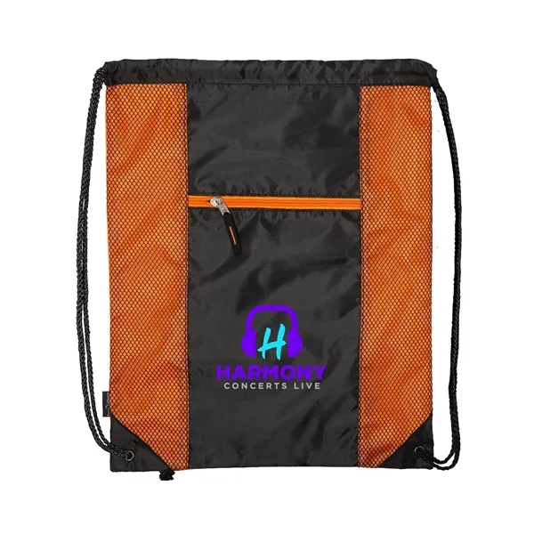 Polyester drawstring backpack with PU backing, zippered front pocket and color... from ASI 79530 Prime Line