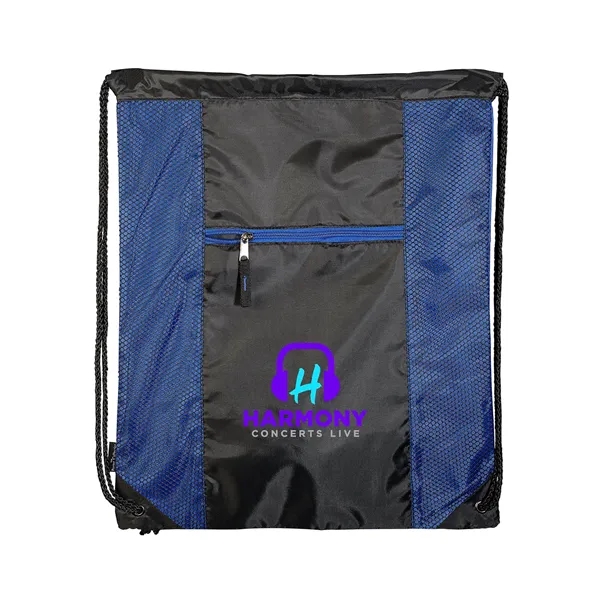 Polyester drawstring backpack with PU backing, zippered front pocket and color... from ASI 79530 Prime Line