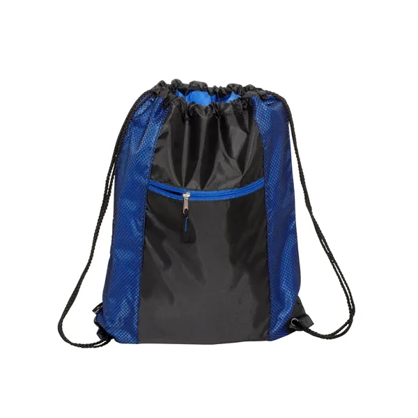 Polyester drawstring backpack with PU backing, zippered front pocket and color... from ASI 79530 Prime Line