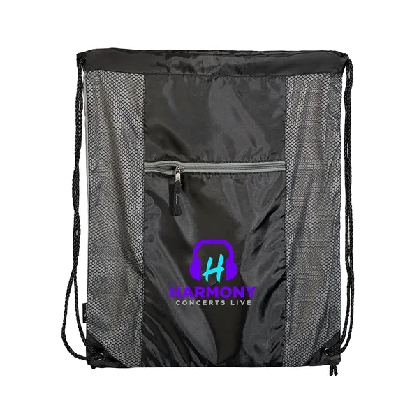 Polyester drawstring backpack with PU backing, zippered front pocket and color... from ASI 79530 Prime Line