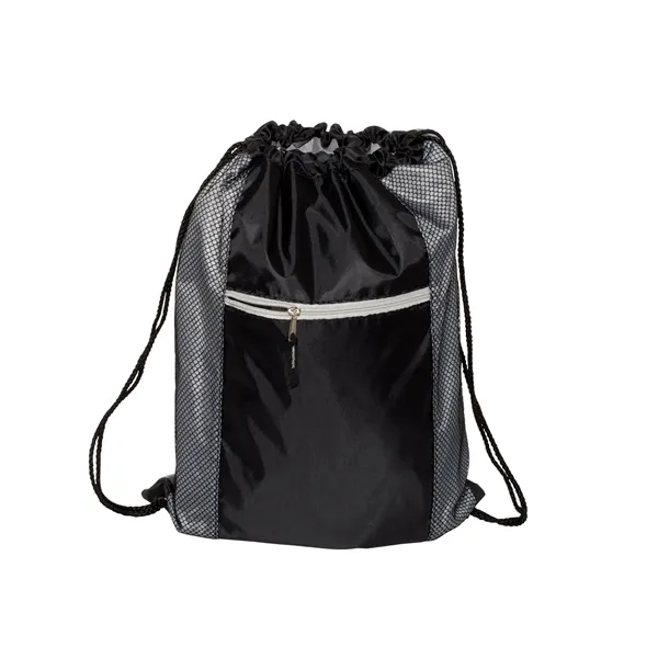 Polyester drawstring backpack with PU backing, zippered front pocket and color... from ASI 79530 Prime Line