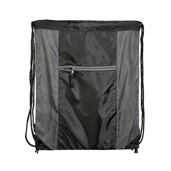Polyester drawstring backpack with PU backing, zippered front pocket and color... from ASI 79530 Prime Line