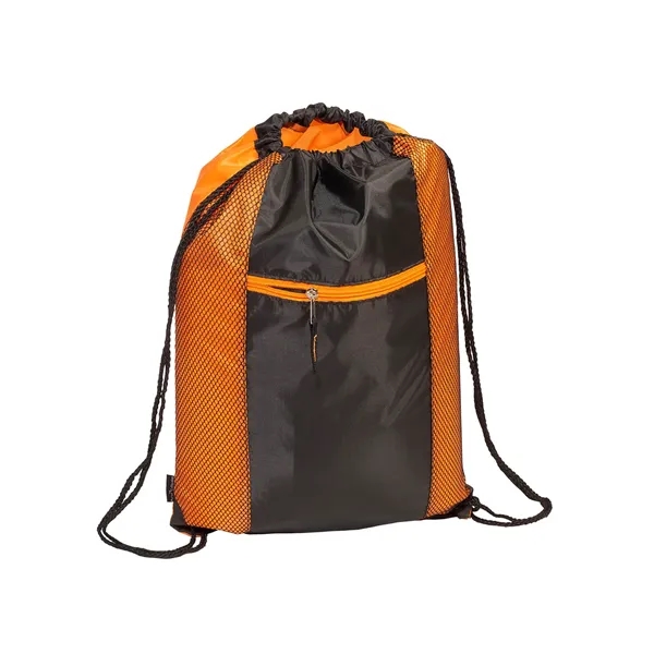 Polyester drawstring backpack with PU backing, zippered front pocket and color... from ASI 79530 Prime Line