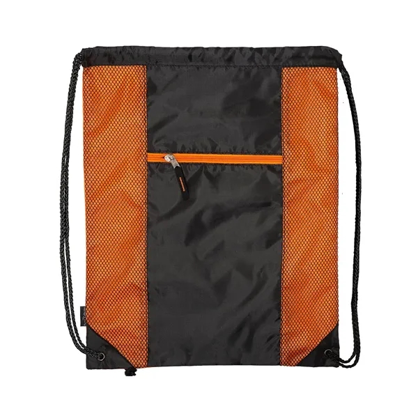 Polyester drawstring backpack with PU backing, zippered front pocket and color... from ASI 79530 Prime Line