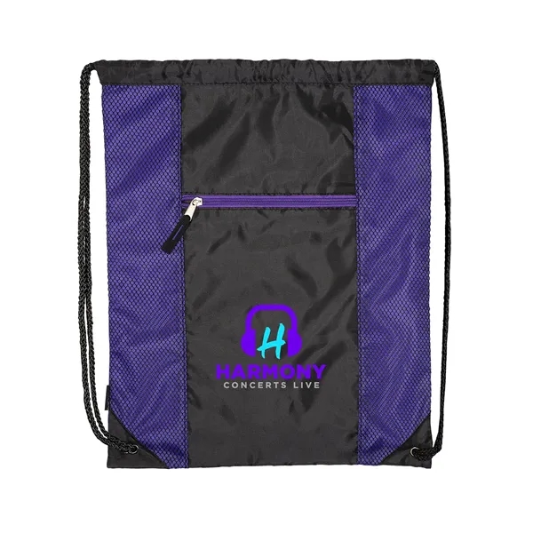 Polyester drawstring backpack with PU backing, zippered front pocket and color... from ASI 79530 Prime Line