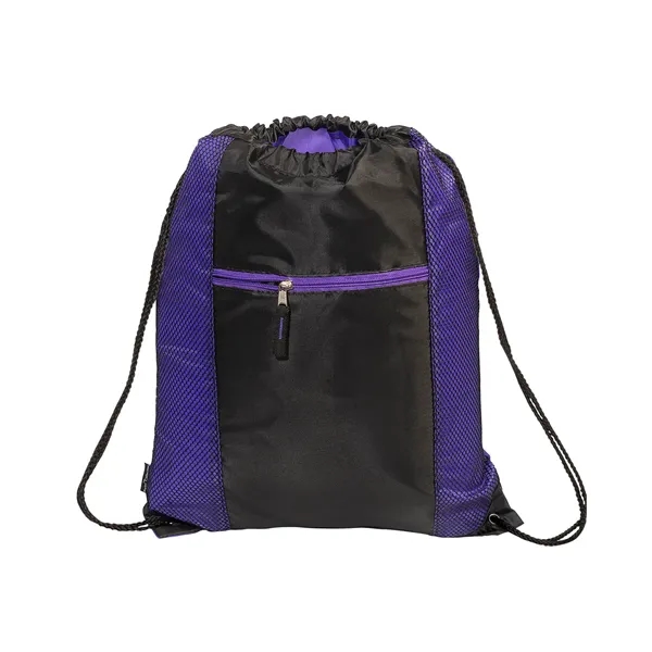 Polyester drawstring backpack with PU backing, zippered front pocket and color... from ASI 79530 Prime Line