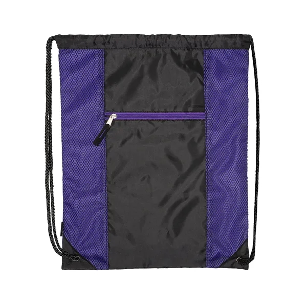 Polyester drawstring backpack with PU backing, zippered front pocket and color... from ASI 79530 Prime Line