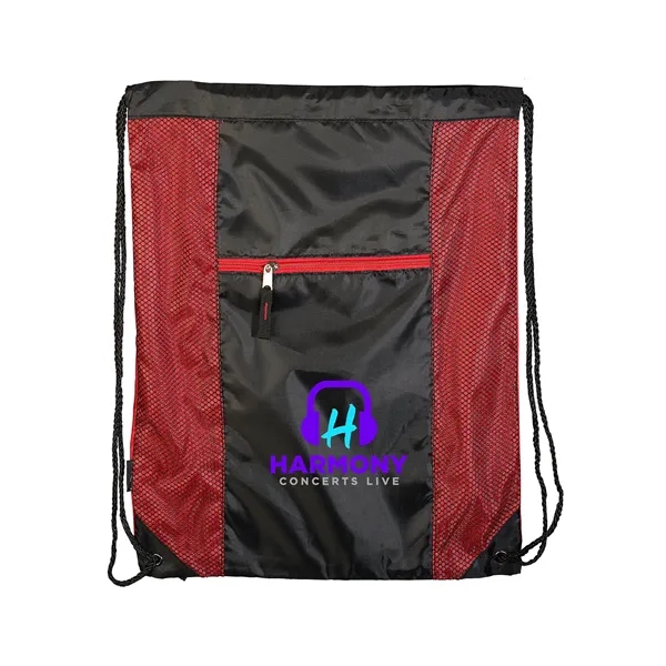 Polyester drawstring backpack with PU backing, zippered front pocket and color... from ASI 79530 Prime Line
