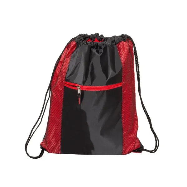 Polyester drawstring backpack with PU backing, zippered front pocket and color... from ASI 79530 Prime Line