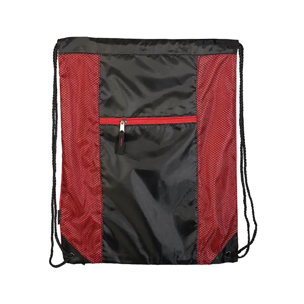 Polyester drawstring backpack with PU backing, zippered front pocket and color... from ASI 79530 Prime Line
