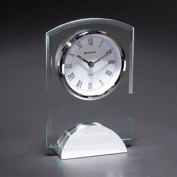 Desk clock that's suspended in a beveled glass arch with silver... from ASI 68507 The Magnet Group / Benchmark Crystal & Clocks