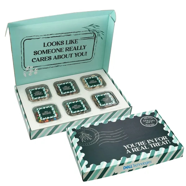 Chocolate covered pretzel gift box with 6 individual compartments and flavors... from ASI 71685 Midnite Snax®