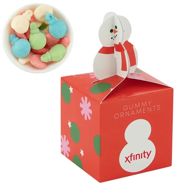 Cube-shaped box with a snowman topper filled with gummy ornaments... from ASI 71685 Midnite Snax®
