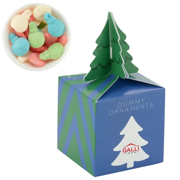 Cube-shaped box with a tree topper filled with gummy ornaments... from ASI 71685 Midnite Snax®