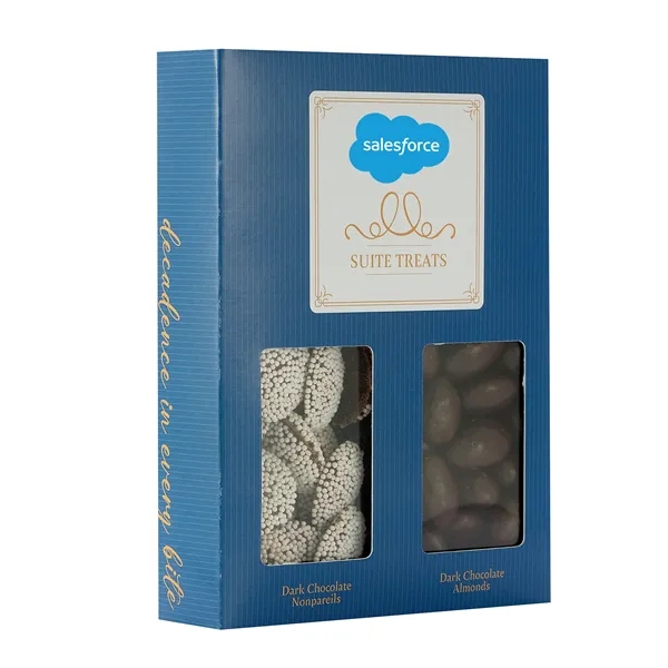 Treat box with dark chocolate nonpareils and dark chocolate almonds... from ASI 71685 Midnite Snax®