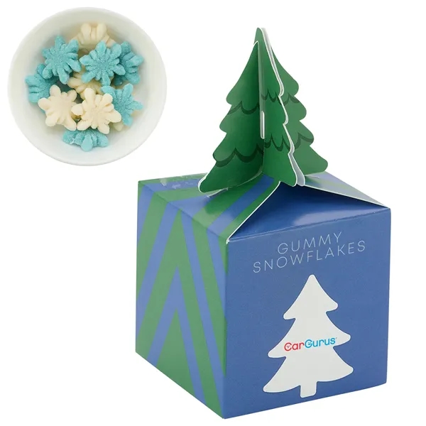 Cube-shaped box with a tree topper filled with gummy snowflakes... from ASI 71685 Midnite Snax®