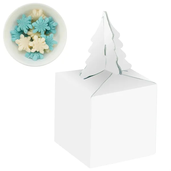Cube-shaped box with a tree topper filled with gummy snowflakes... from ASI 71685 Midnite Snax®