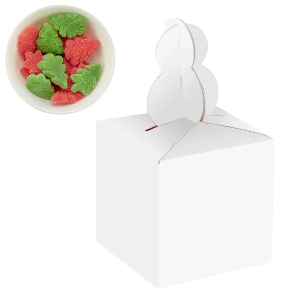 Cube-shaped box with a snowman topper filled with gummy holiday trees... from ASI 71685 Midnite Snax®