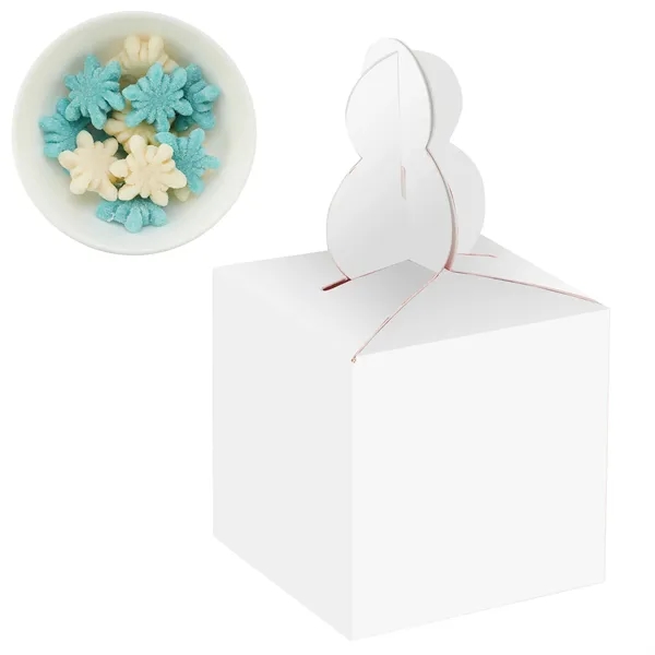 Cube-shaped box with a snowman topper filled with gummy snowflakes... from ASI 71685 Midnite Snax®
