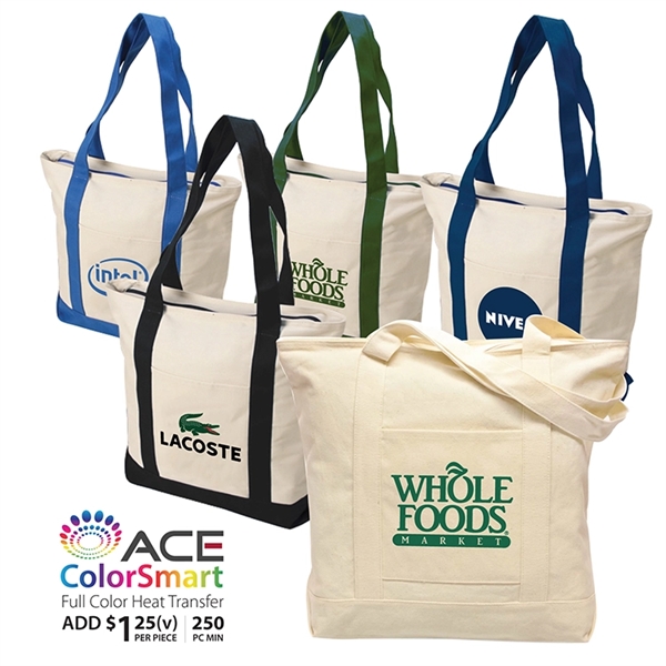 Eco-friendly cotton tote bag features open front pocket and full zippered... from ASI 30112 ACE Products / Ace Line