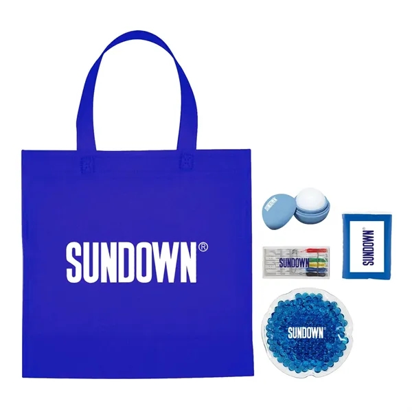 Survival kit with a sewing kit, non-woven mini shopping tote, gel... from ASI 63549 Jornik Manufacturing Corp