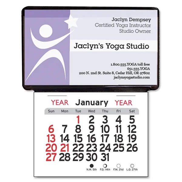 4.5"H x 3.75"W black vinyl business card holder with calendar and... from ASI 54040 Fey Promo / Fey Calendar Impressions