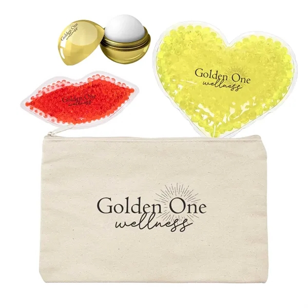 Spa kit with a canvas pouch bag, lip balm, heart-shaped gel... from ASI 63549 Jornik Manufacturing Corp