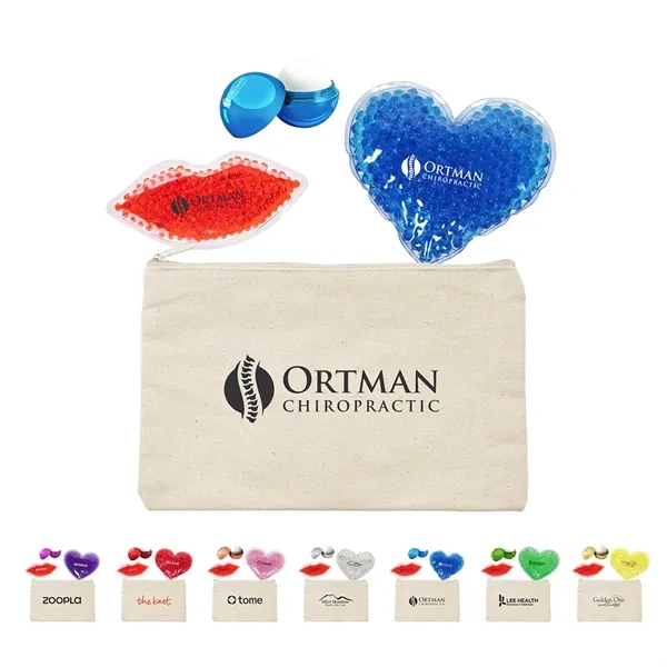 Spa kit with a canvas pouch bag, lip balm, heart-shaped gel... from ASI 63549 Jornik Manufacturing Corp