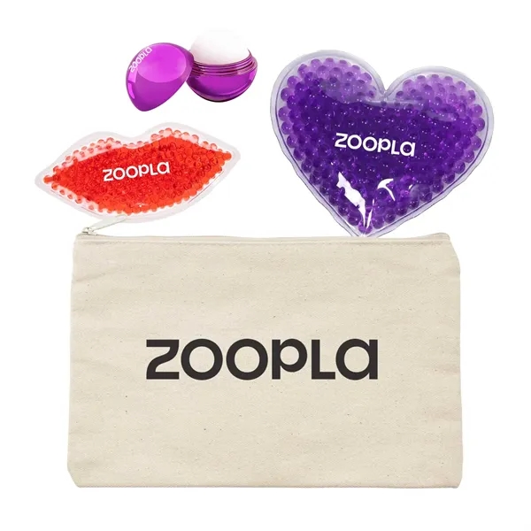 Spa kit with a canvas pouch bag, lip balm, heart-shaped gel... from ASI 63549 Jornik Manufacturing Corp
