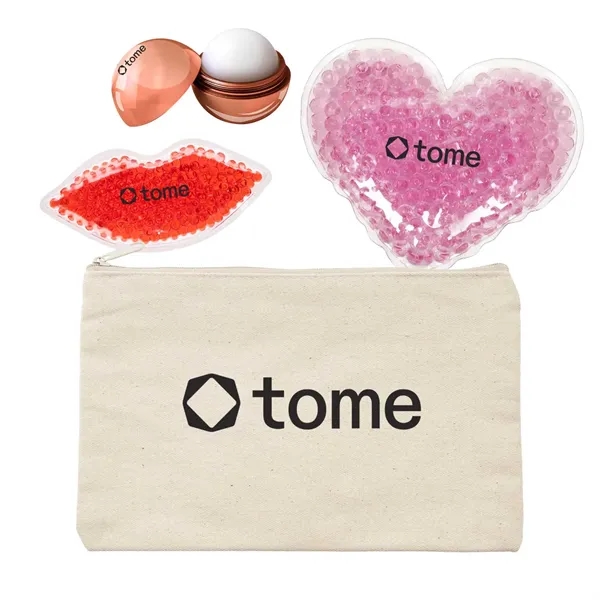 Spa kit with a canvas pouch bag, lip balm, heart-shaped gel... from ASI 63549 Jornik Manufacturing Corp