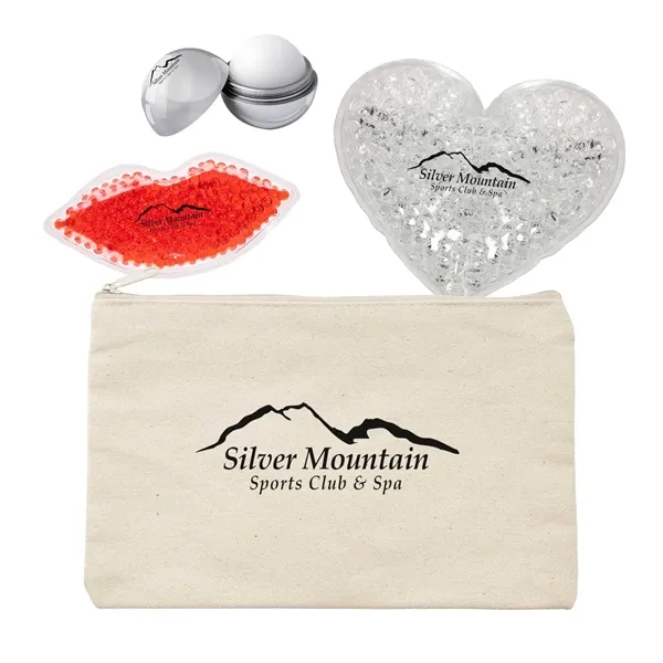 Spa kit with a canvas pouch bag, lip balm, heart-shaped gel... from ASI 63549 Jornik Manufacturing Corp