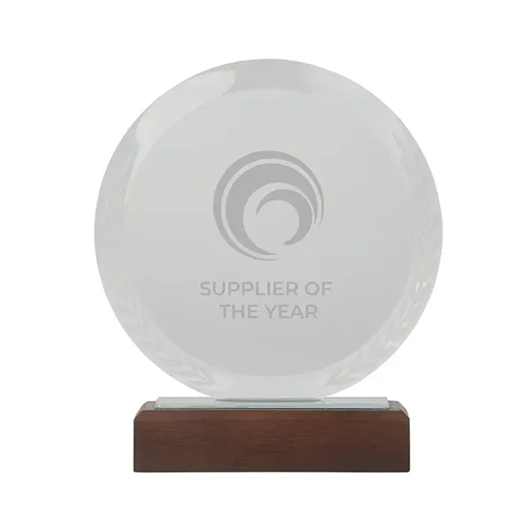 Redondo Crystal Award with Wood Base... from ASI 67866 Logomark/Valumark