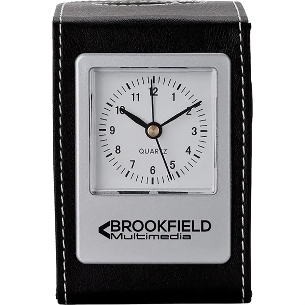 3.25" x 4.25" x 2.75" Alba leatherette desk clock and pen... from ASI 67866 Logomark/Valumark