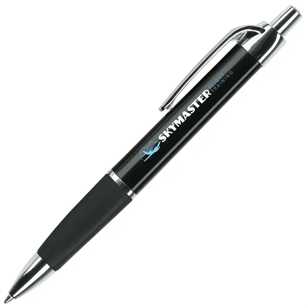 Ballpoint pen with plunger action mechanism, colored metallic triangular barrel, soft... from ASI 67866 Logomark/Valumark